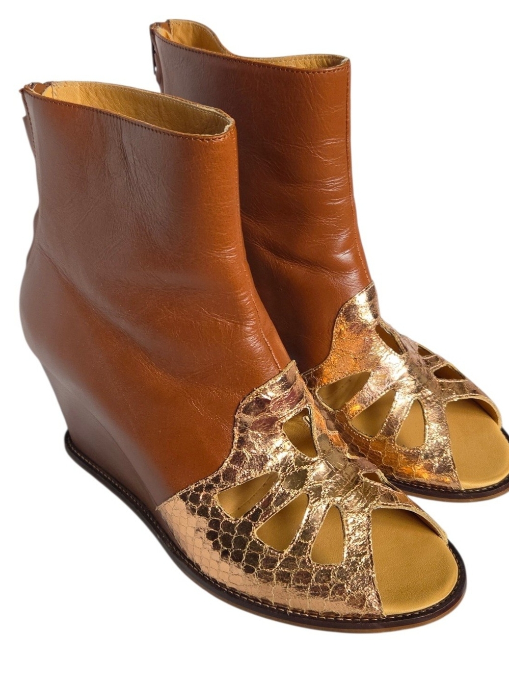 MM6 Maison Margiela Italian Brown Leather Rose Gold Metallic Wedge Boot Size 40